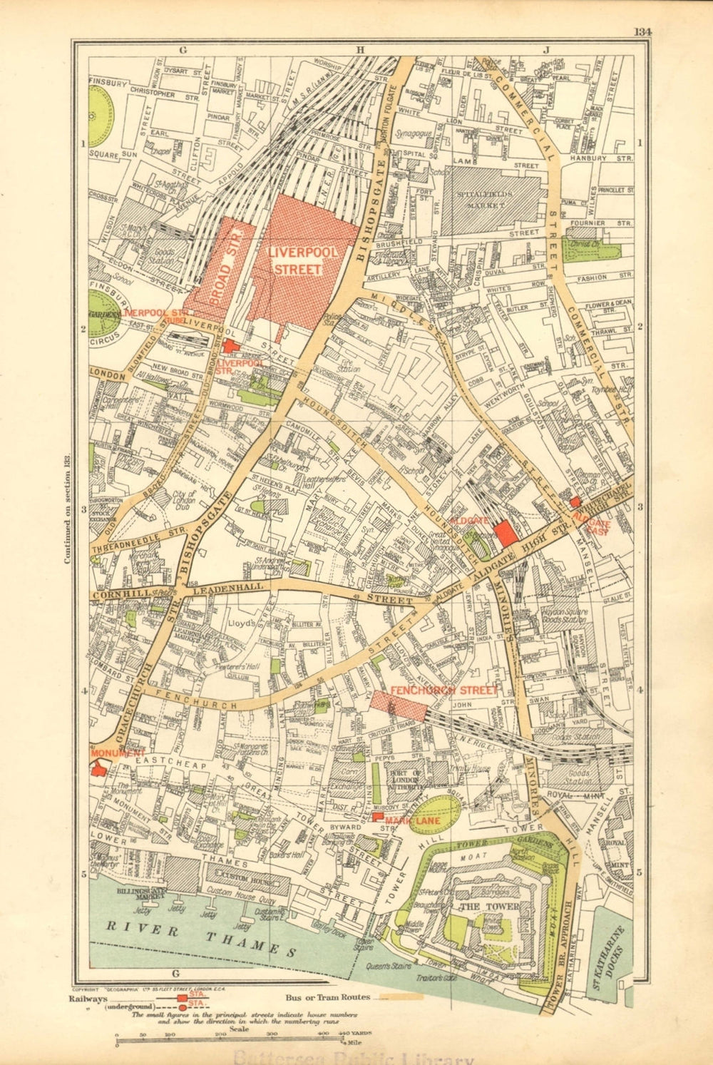 LONDON. City. Tower, Liverpool Street, Bishopsgate 1928 old vintage map chart