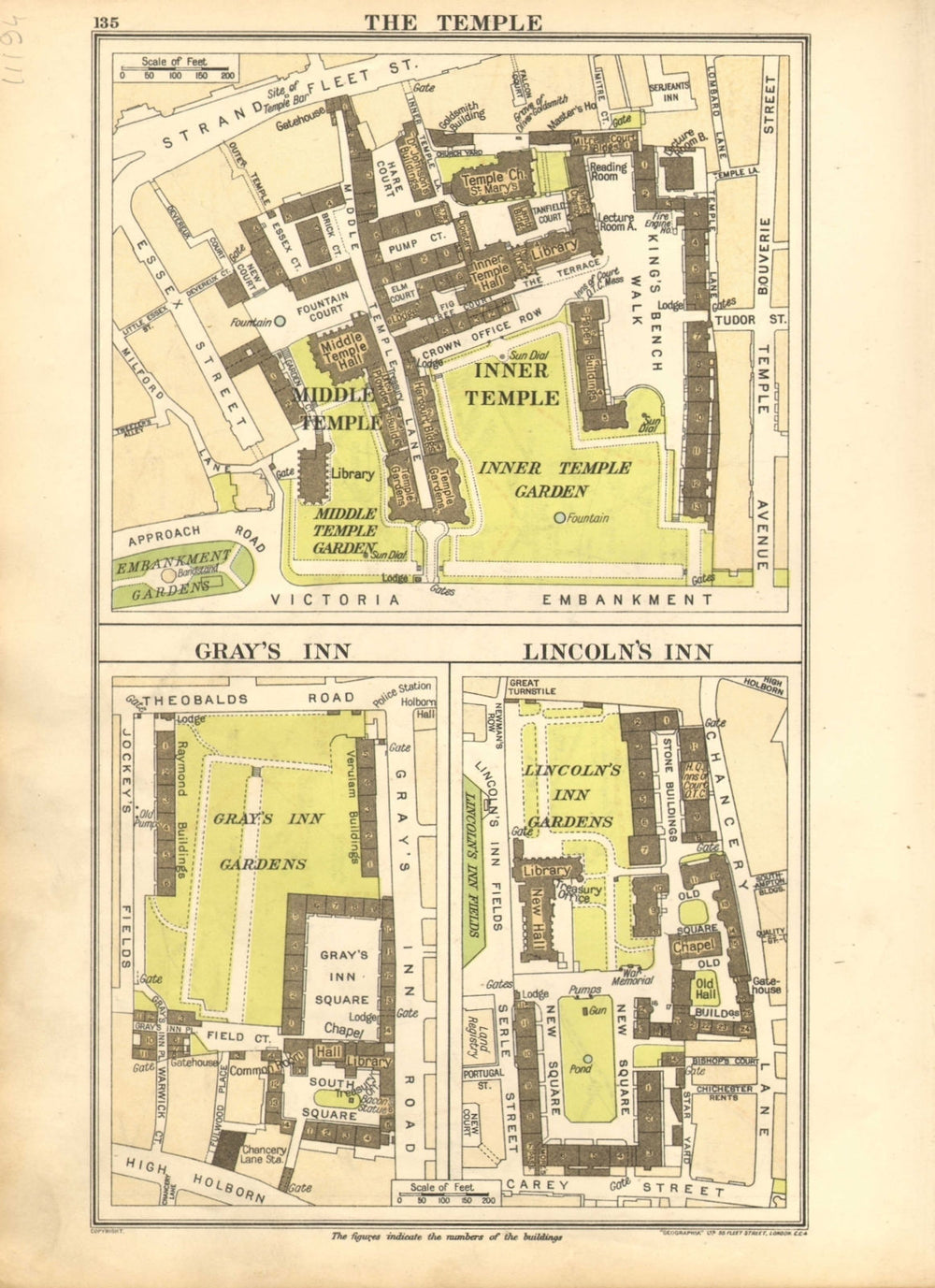 LEGAL LONDON. The Temple; Gray's Inn; Lincoln's Inn 1928 old vintage map chart