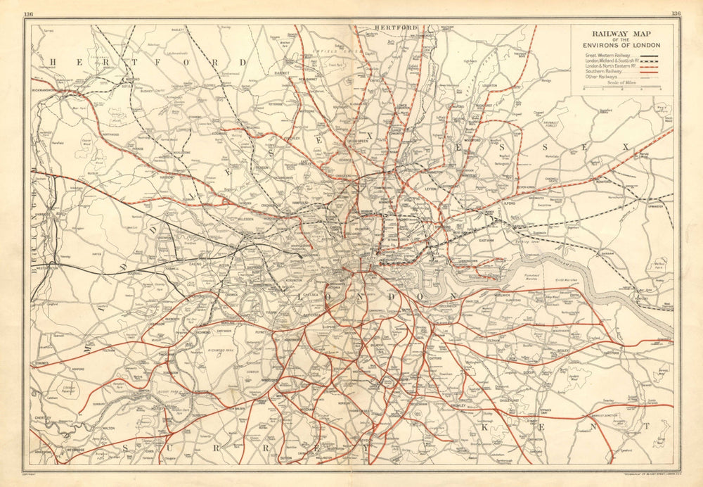 LONDON. Railway map of London & environs. GWR LMSR LNER SR 1928 old