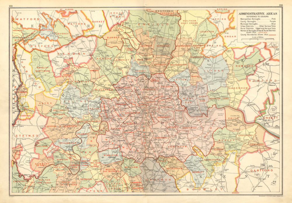 LONDON BOROUGHS. Metropolitan County & Municipal Boroughs 1928 old vintage map