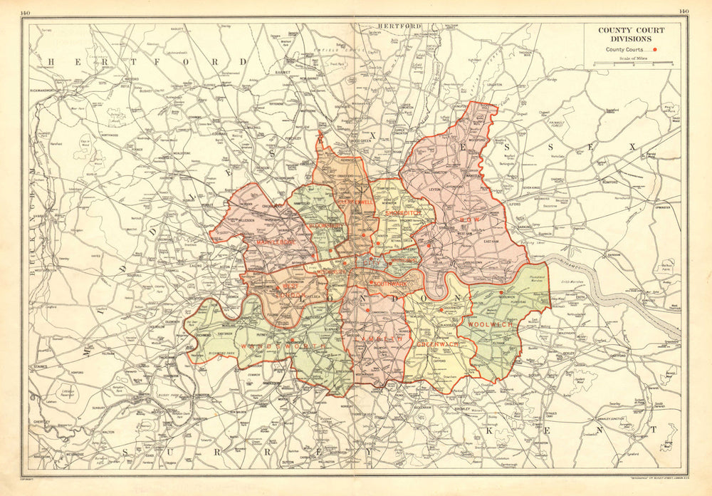 LONDON. County Court Divisions 1928 old vintage map plan chart