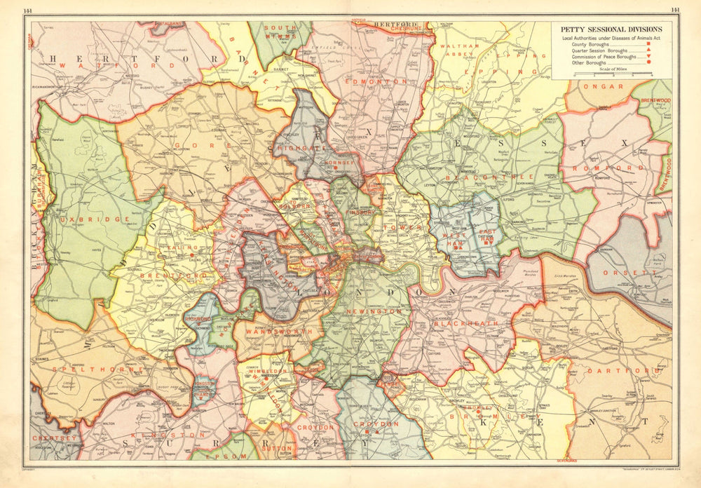 LONDON. Petty Sessional Divisions. Local authorities. Boroughs 1928 old map