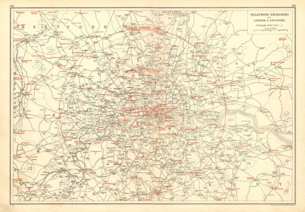 LONDON. Telephone Exchange names. London & environs 1928 old vintage map chart