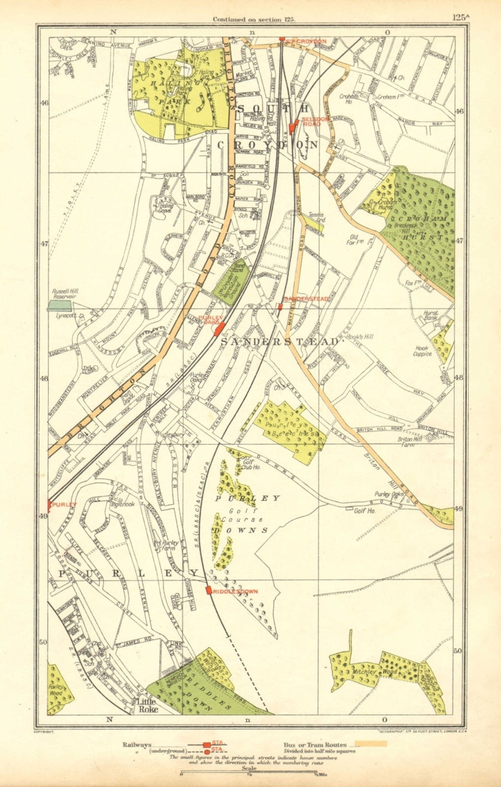 PURLEY. South Croydon, Sanderstead, Riddlesdown 1928 old vintage map chart