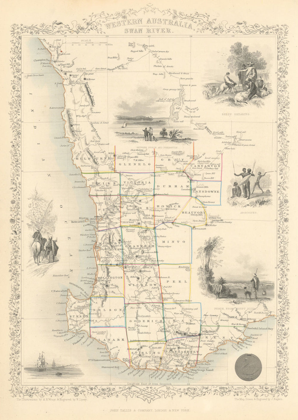 WESTERN AUSTRALIA,SWAN RIVER.Helpman Gregory Gray routes.TALLIS/RAPKIN 1851 map