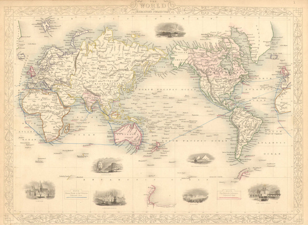 BRITISH EMPIRE. Shows steam routes to the colonies.World.TALLIS/RAPKIN 1851 map