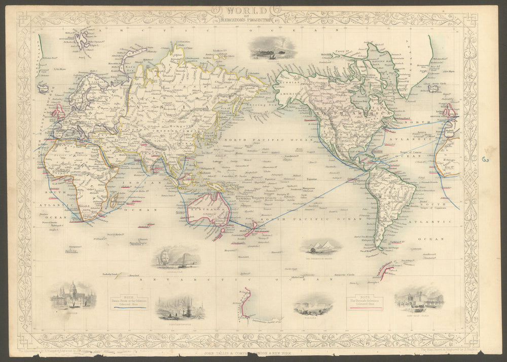BRITISH EMPIRE. Shows steam routes to the colonies.World.TALLIS/RAPKIN 1851 map