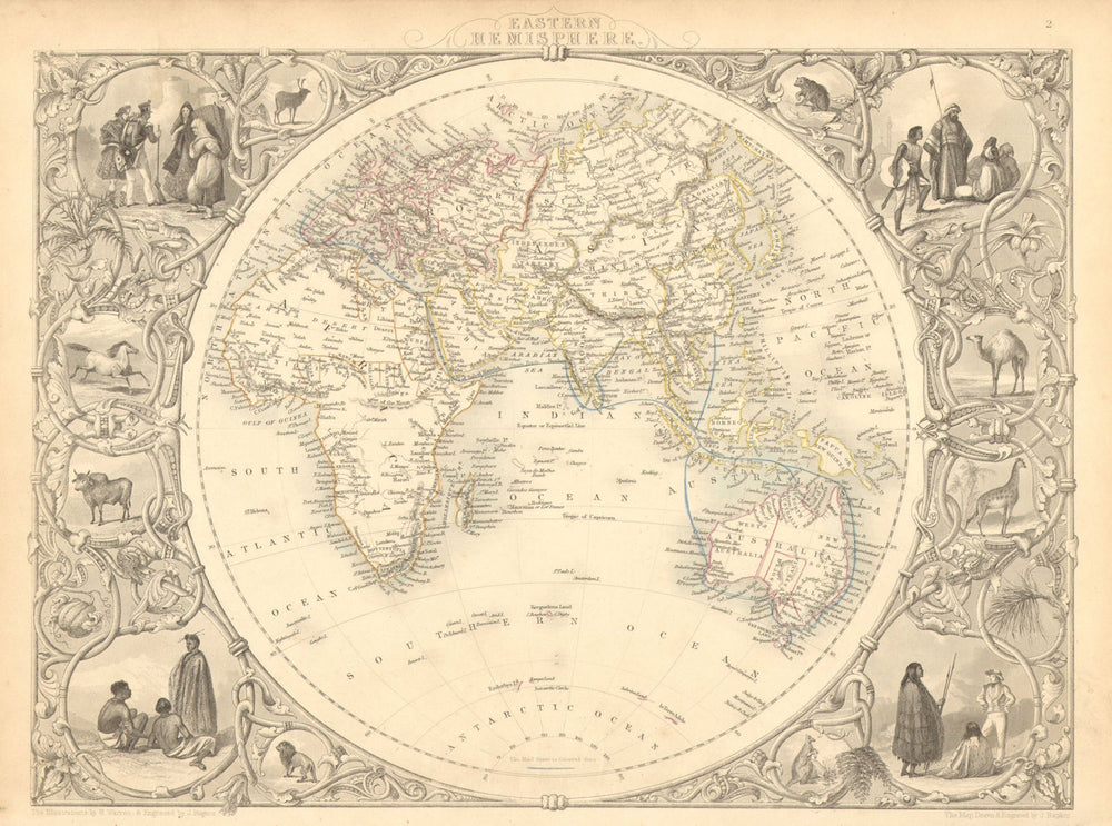 EASTERN HEMISPHERE.Shows mail routes to British colonies.TALLIS/RAPKIN 1851 map
