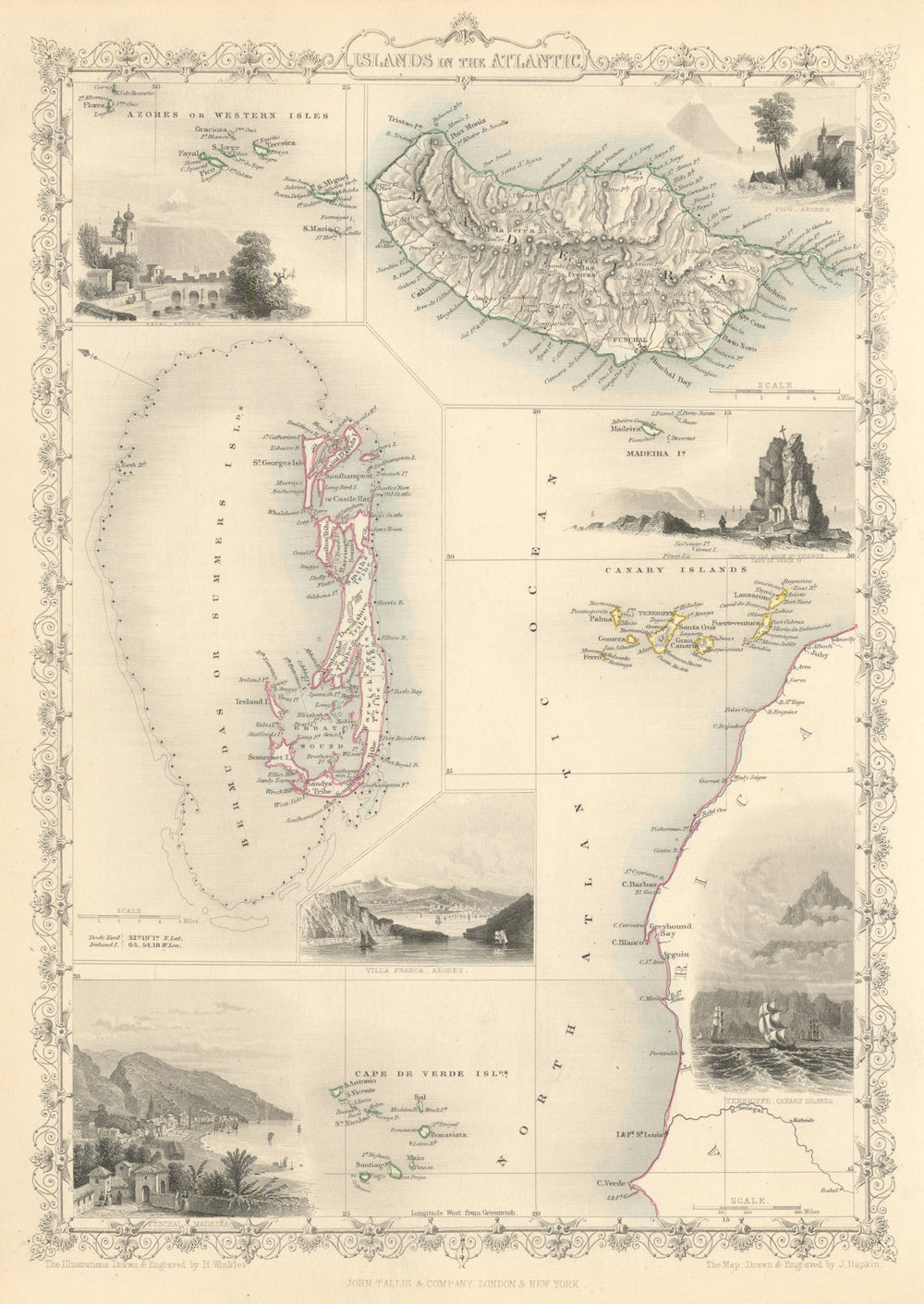 ATLANTIC ISLANDS. Bermuda Madeira Canaries.Tenerife view.TALLIS/RAPKIN 1851 map