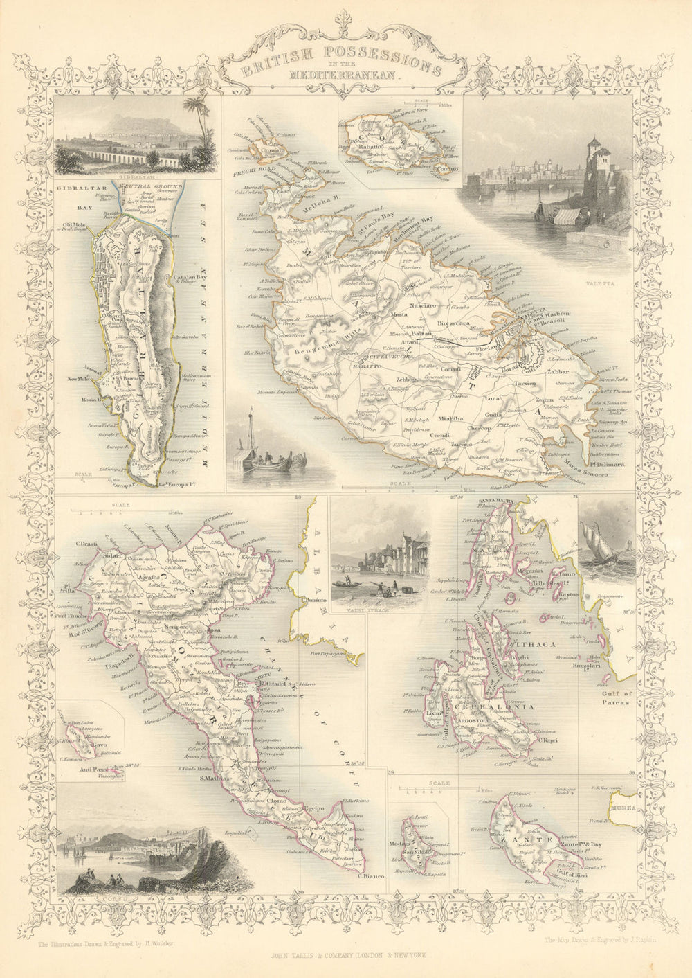 BRITISH MEDITERRANEAN POSSESSIONS. Gib Malta Corfu Zante.TALLIS/RAPKIN 1851 map