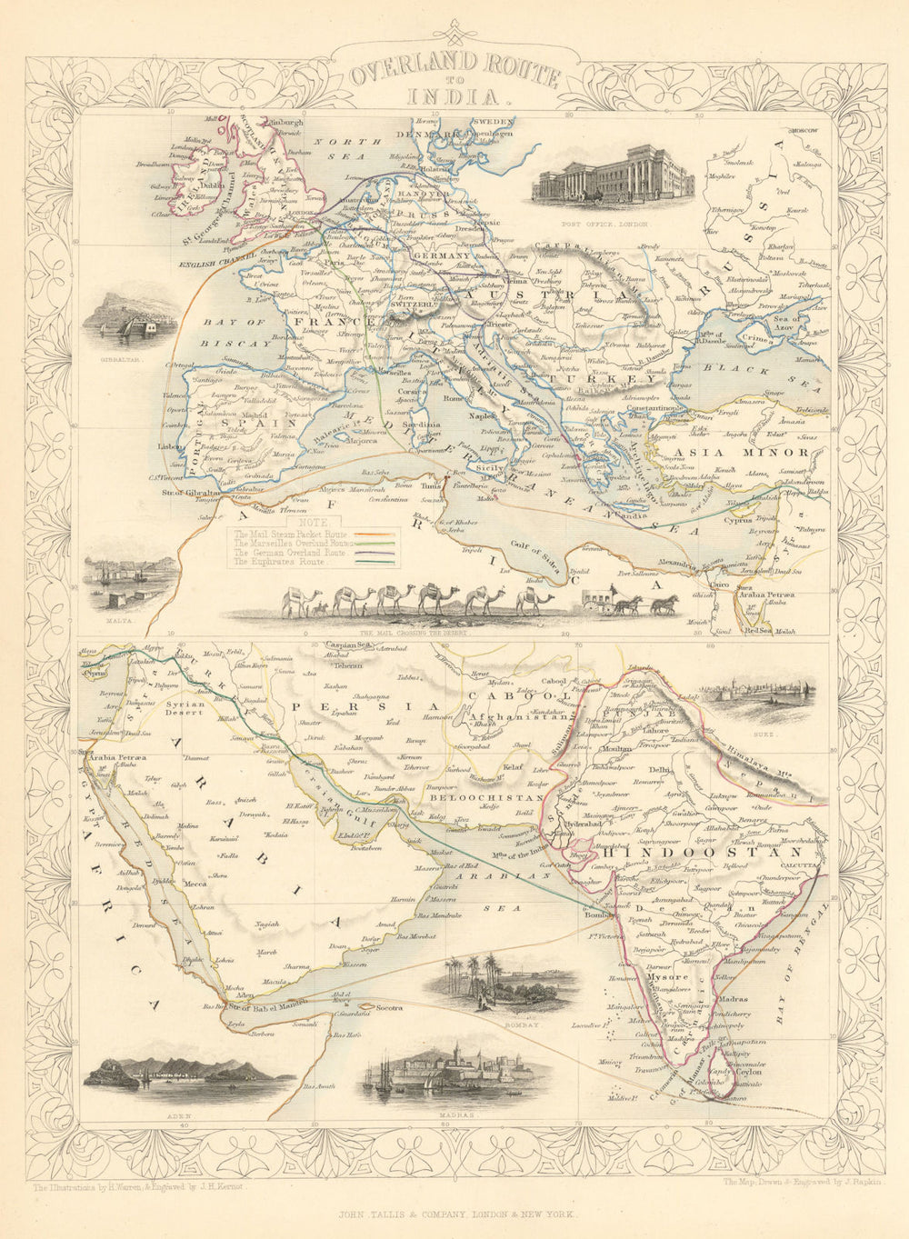 OVERLAND ROUTE TO INDIA. Ship France Germany Euphrates.TALLIS/RAPKIN 1851 map