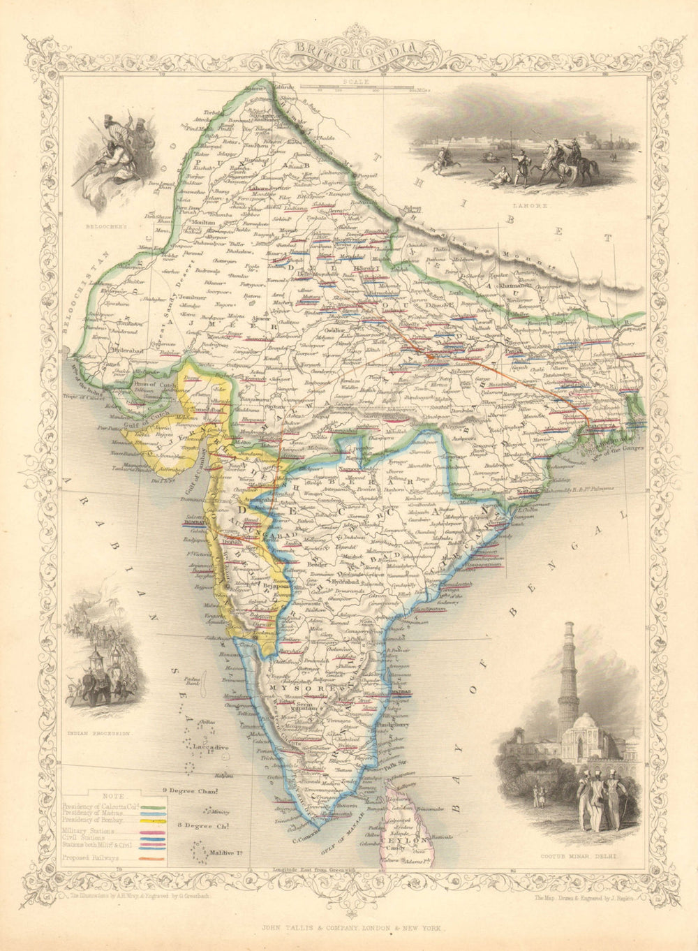 BRITISH INDIA. shows 'Proposed Railways'. Military bases.TALLIS/RAPKIN 1851 map