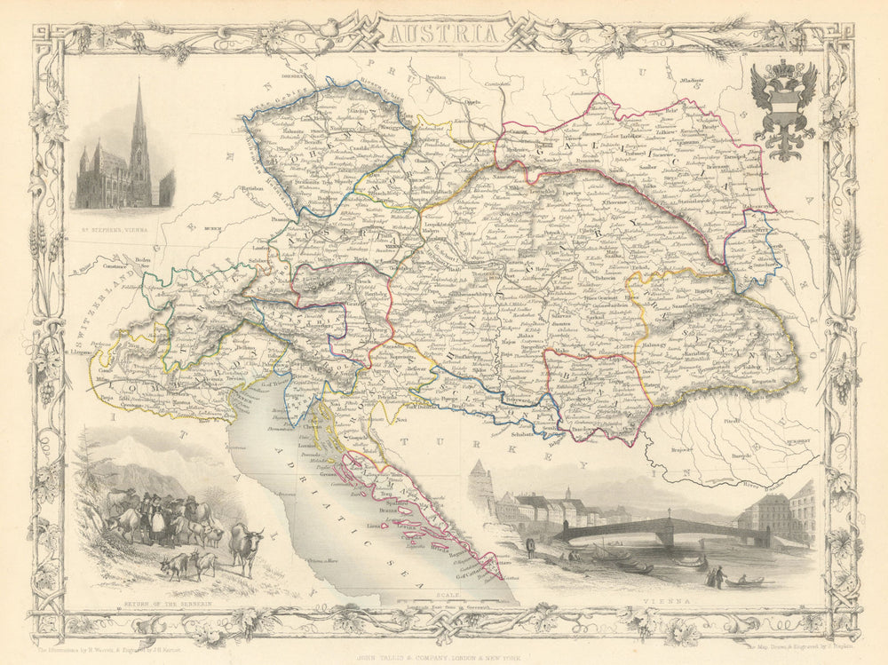 AUSTRIAN EMPIRE. 'Austria'.Vienna views.Hungary Lombardy TALLIS/RAPKIN 1851 map