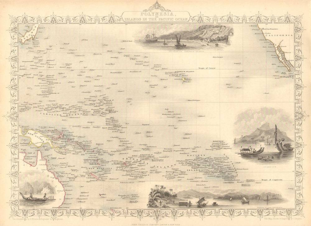POLYNESIA/PACIFIC ISLANDS. inc Sandwich/Hawaiian islands.TALLIS/RAPKIN 1851 map