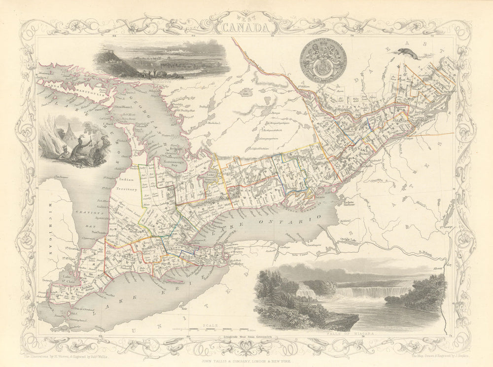WEST CANADA'. Southern Ontario. Shows'Indian territory' TALLIS/RAPKIN 1851 map