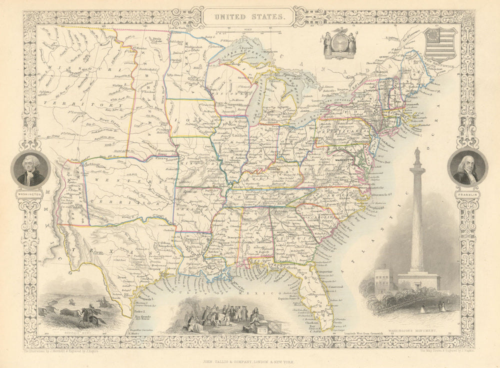 UNITED STATES. 31 states+Missouri/Western/Nebraska Terr.TALLIS/RAPKIN 1851 map