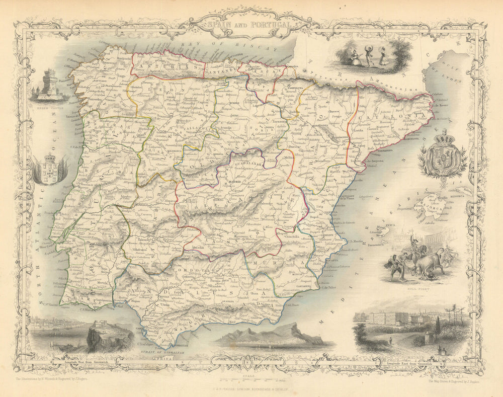 SPAIN & PORTUGAL. Madrid Lisbon Gibraltar views. Iberia TALLIS/RAPKIN 1851 map
