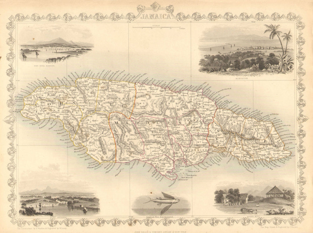 JAMAICA. Counties/parishes. Sugar Mill & Kingston views. TALLIS/RAPKIN 1851 map