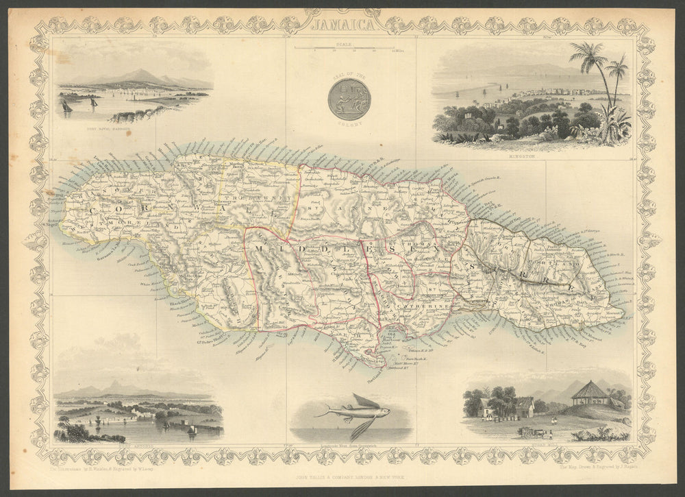 JAMAICA. Counties/parishes. Sugar Mill & Kingston views. TALLIS/RAPKIN 1851 map