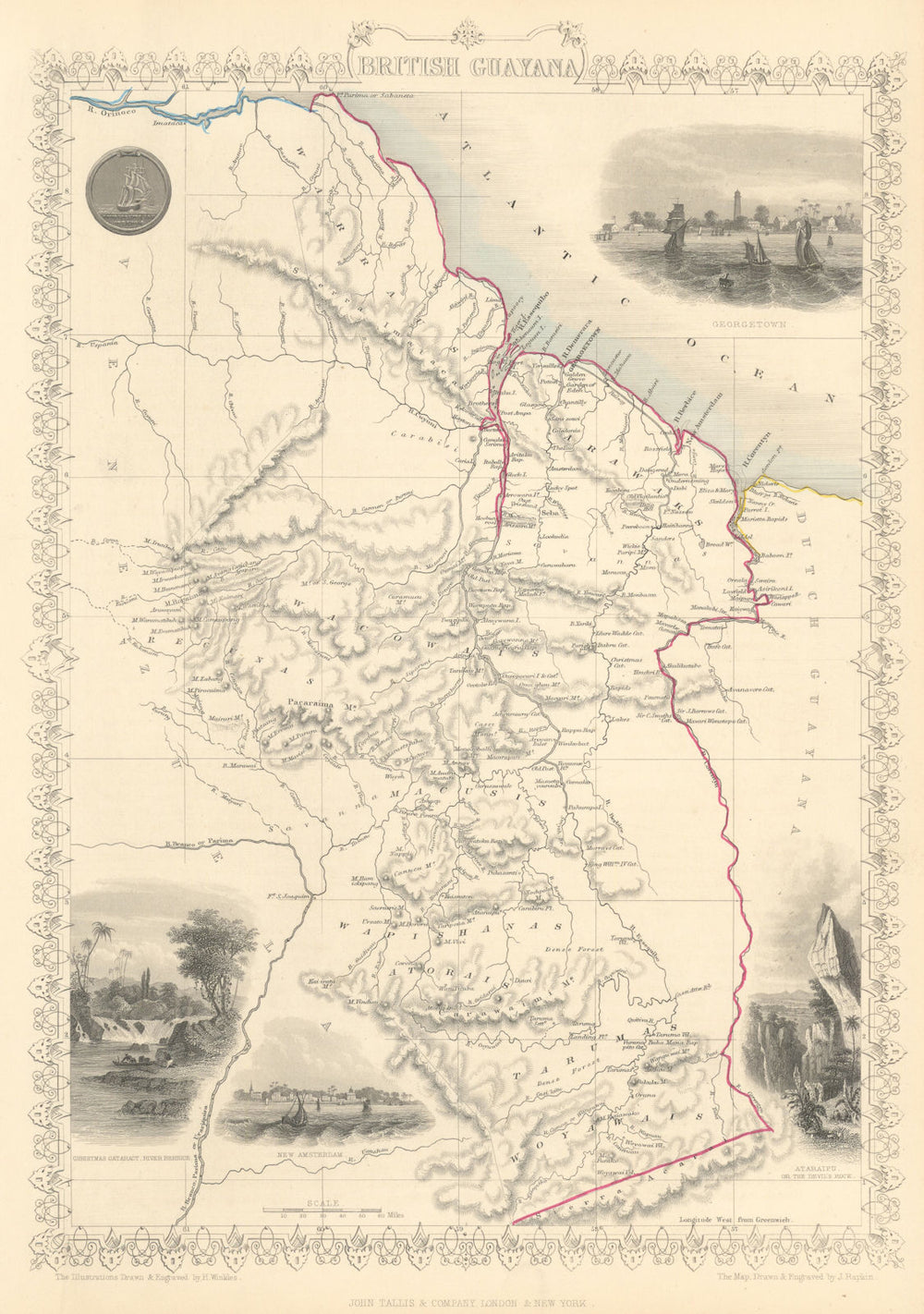 BRITISH GUAYANA'. Georgetown vignette. Guiana Guyana. TALLIS/RAPKIN 1851 map