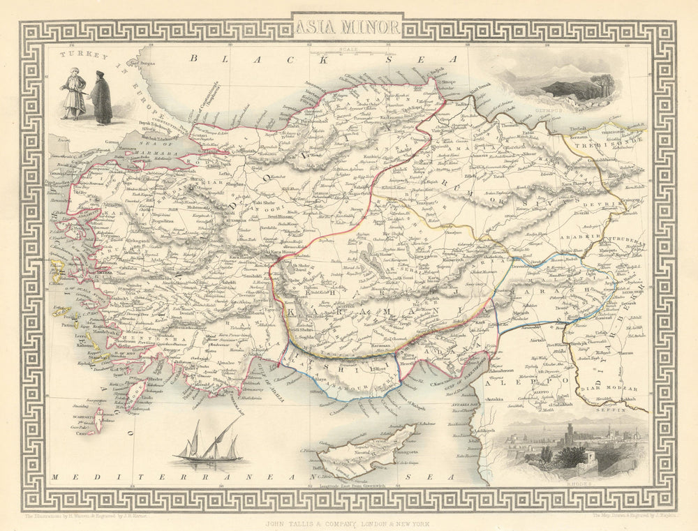 ASIA MINOR'. Turkey Cyprus Dodecanese. Rhodes view. TALLIS/RAPKIN 1851 old map
