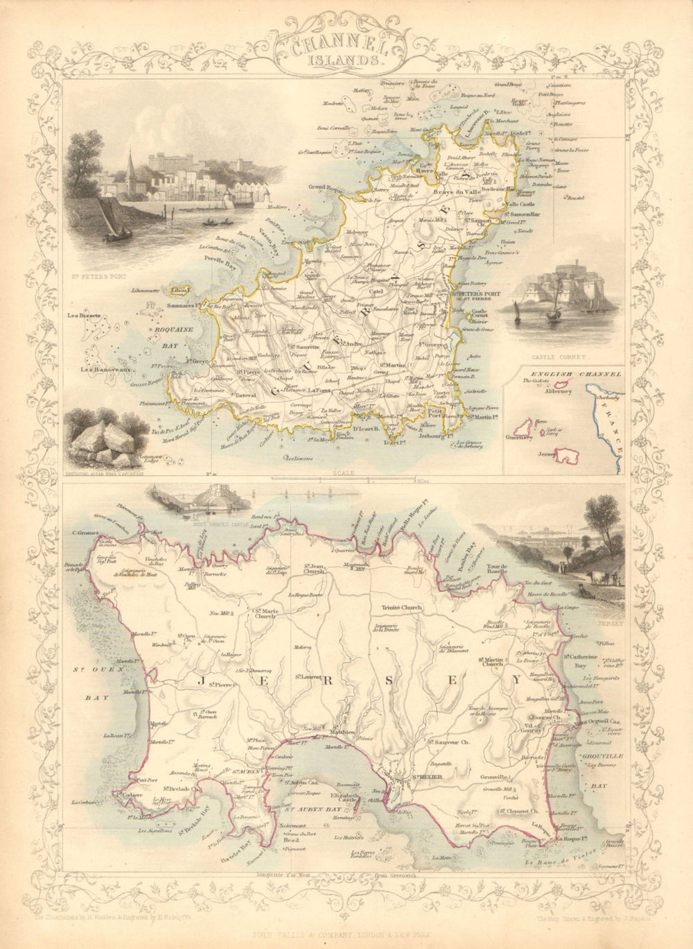 CHANNEL ISLANDS. St Peter Port view. Jersey & Guernsey. TALLIS/RAPKIN 1851 map