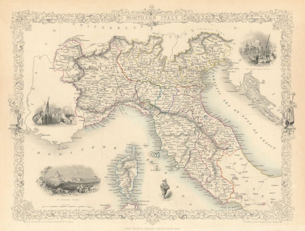 NORTHERN ITALY. Sardinian/Papal States.Venetian Lombardy.TALLIS/RAPKIN 1851 map