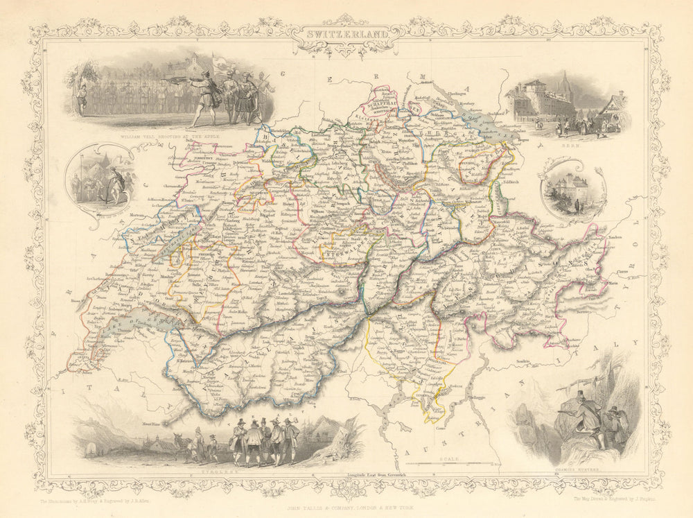 SWITZERLAND. William Tell shooting apple. Cantons. TALLIS/RAPKIN 1851 old map