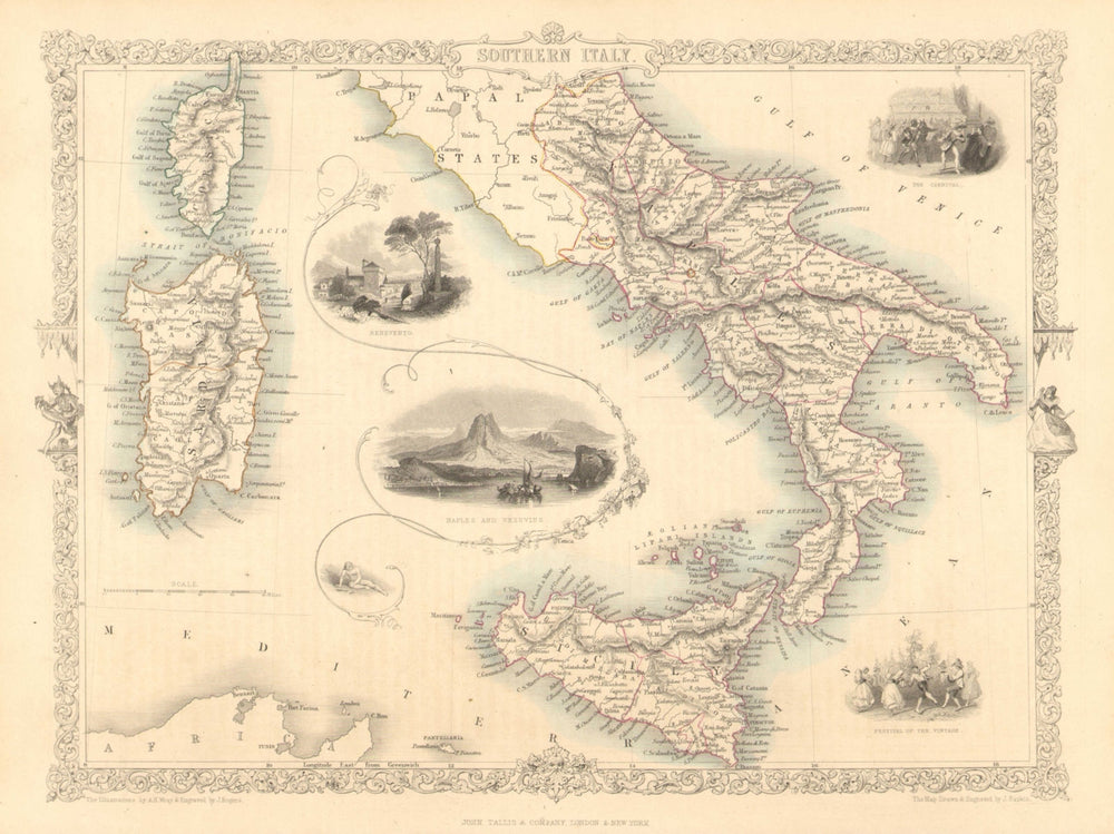 SOUTHERN ITALY. Naples/Vesuvius. Sicily Sardinia Corsica.TALLIS/RAPKIN 1851 map