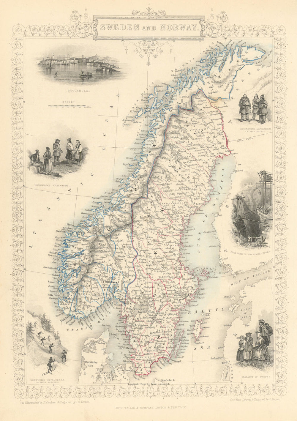 SWEDEN & NORWAY. Scandinavia.Norwegian army ski regiment.TALLIS/RAPKIN 1851 map