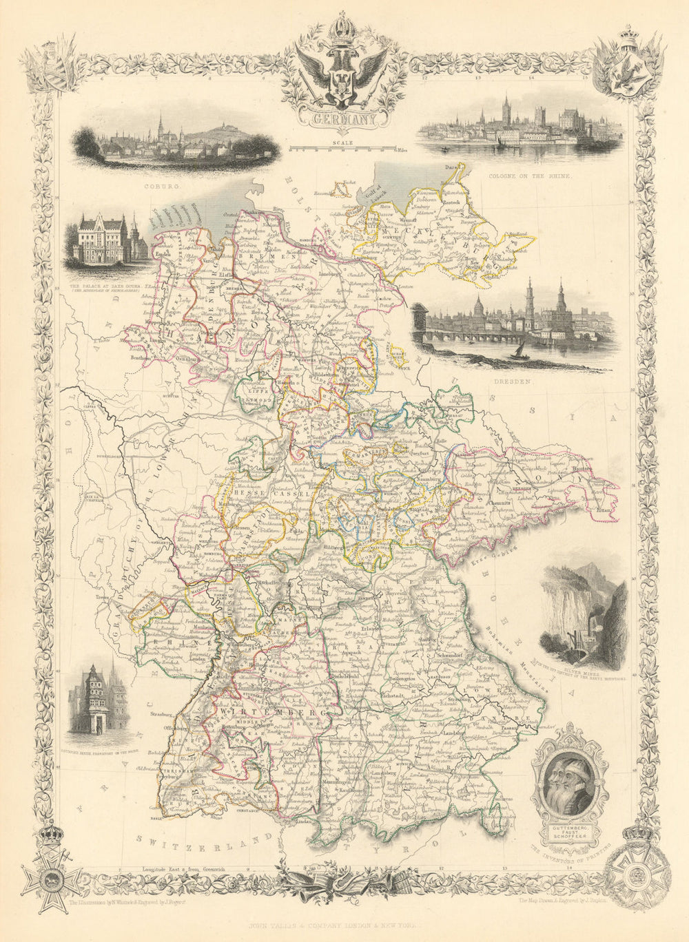GERMANY. with Dresden, Coburg & Hartz silver mines views.TALLIS/RAPKIN 1851 map