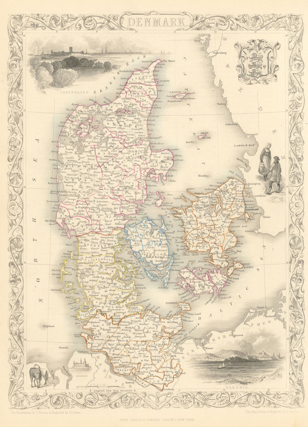 DENMARK. including Schleswig-Holstein/Slesvig-Holsten. TALLIS/RAPKIN 1851 map