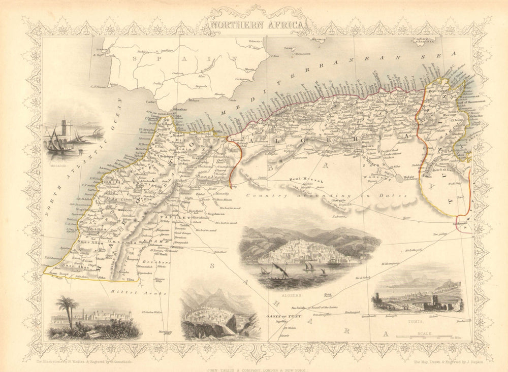 NORTHERN AFRICA. Morocco Tunisia Algeria. Caravan routes.TALLIS/RAPKIN 1851 map