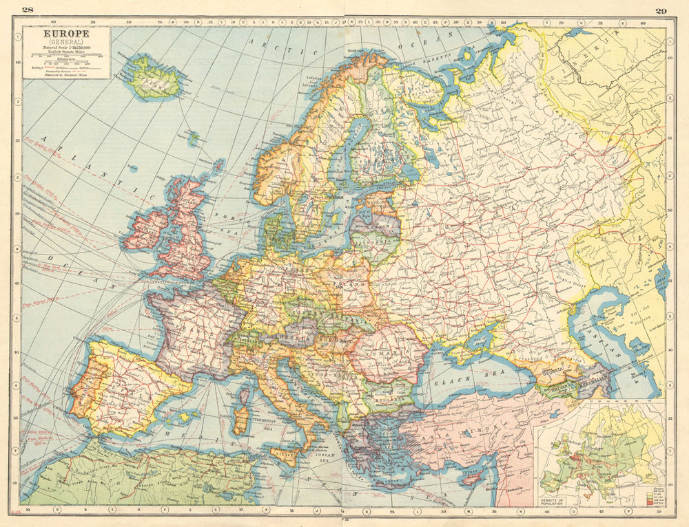 EUROPE. Showing railways telegraph cables steamship routes canals 1920 old map