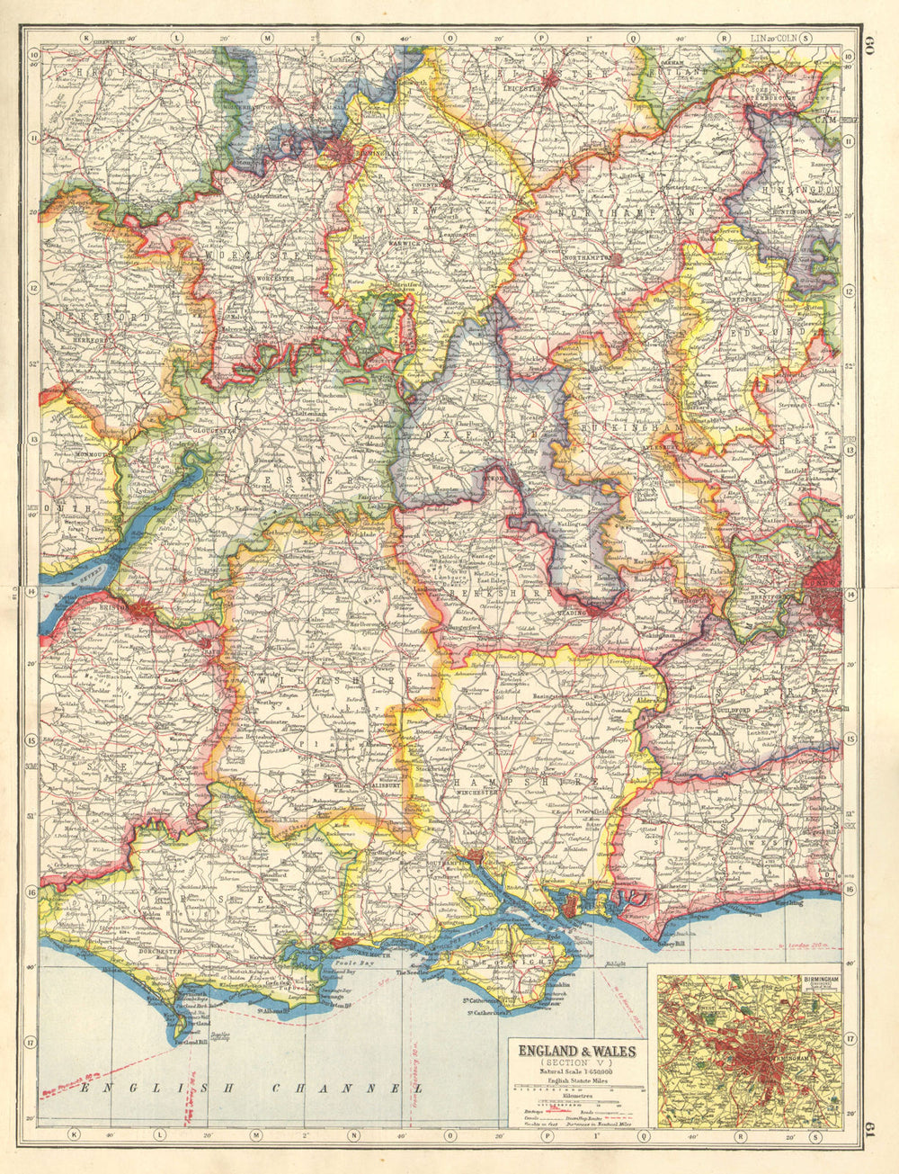 ENGLAND SOUTH & MIDLANDS. Inset Birmingham. HARMSWORTH 1920 old antique map