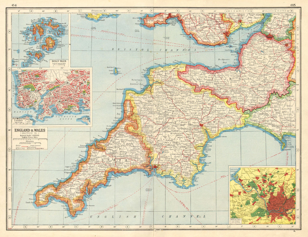 SOUTH WEST ENGLAND. Devon Cornwall Somerset. Inset Plymouth & Bristol  1920 map
