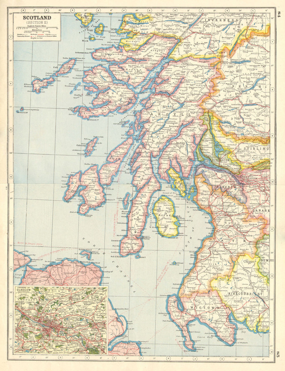 SCOTLAND SOUTH WEST. Inner Hebrides. Argyll Ayr Arran Wigtown. Glasgow 1920 map