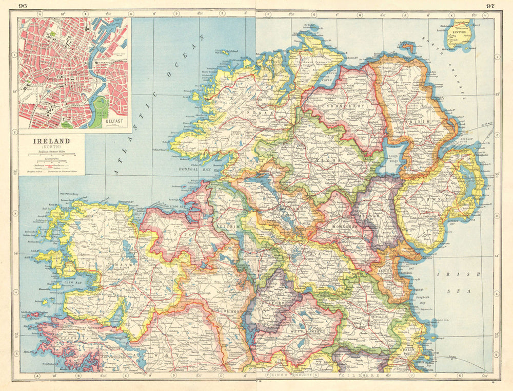 IRELAND NORTH. Ulster Connacht Connaught. Belfast plan. HARMSWORTH 1920 map