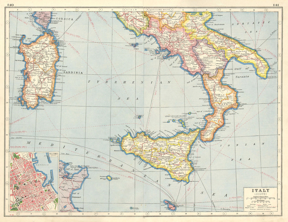 ITALY SOUTH. Provinces railways roads steamship routes. Palermo plan 1920 map