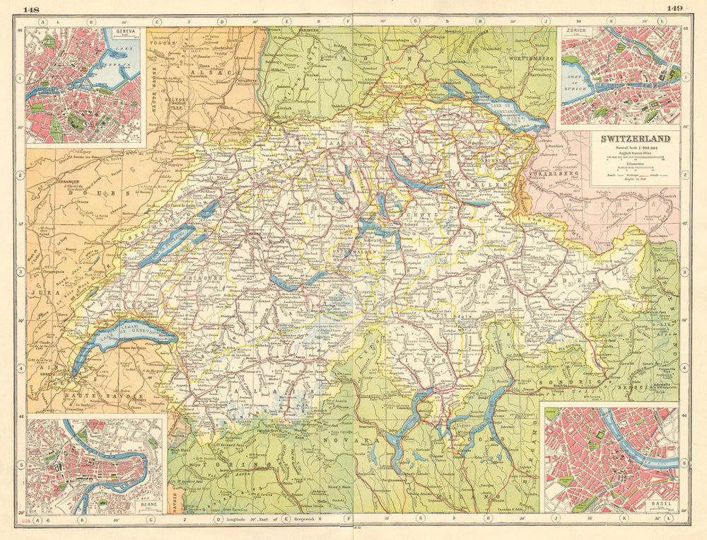 SWITZERLAND. Geneva Genf Berne Bern Zurich Zürich Basel Basle plans 1920 map