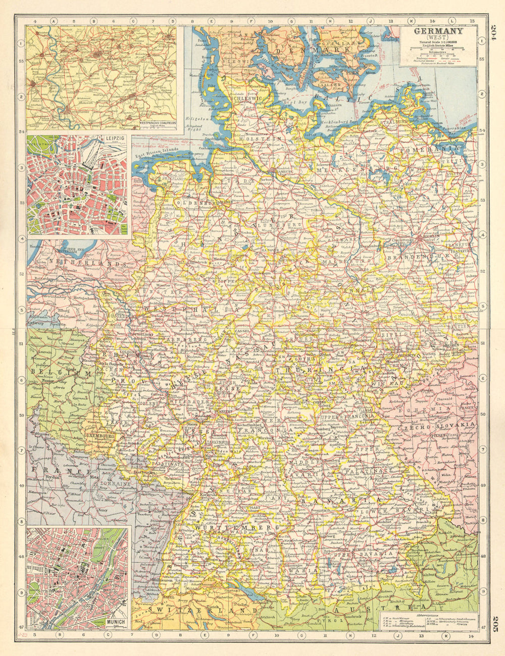 WESTERN GERMANY.inset Westphalian Ruhr Coalfields Leipzig Munich plans 1920 map