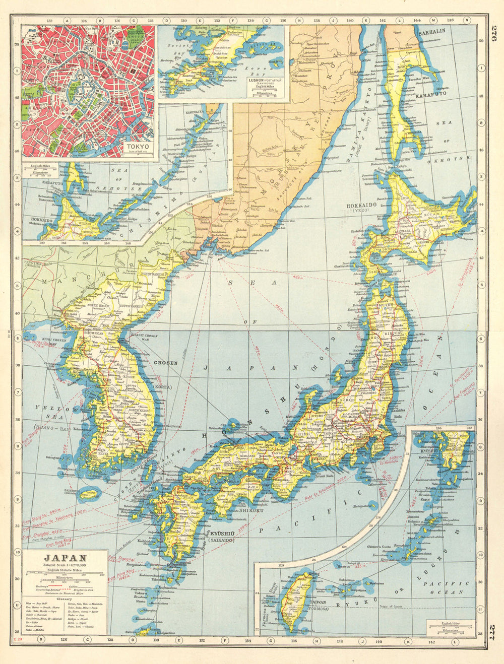 JAPAN KOREA TAIWAN. Railways steamship routes. Chosen. Tokyo plan 1920 old map