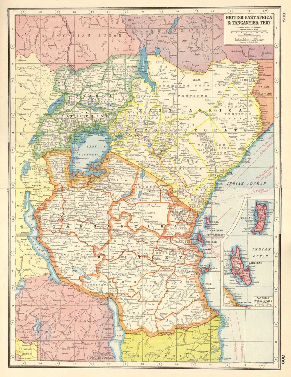 EAST AFRICA. British EA Tanganyika Terr.Kenya Tanzania Zanzibar Uganda 1920 map