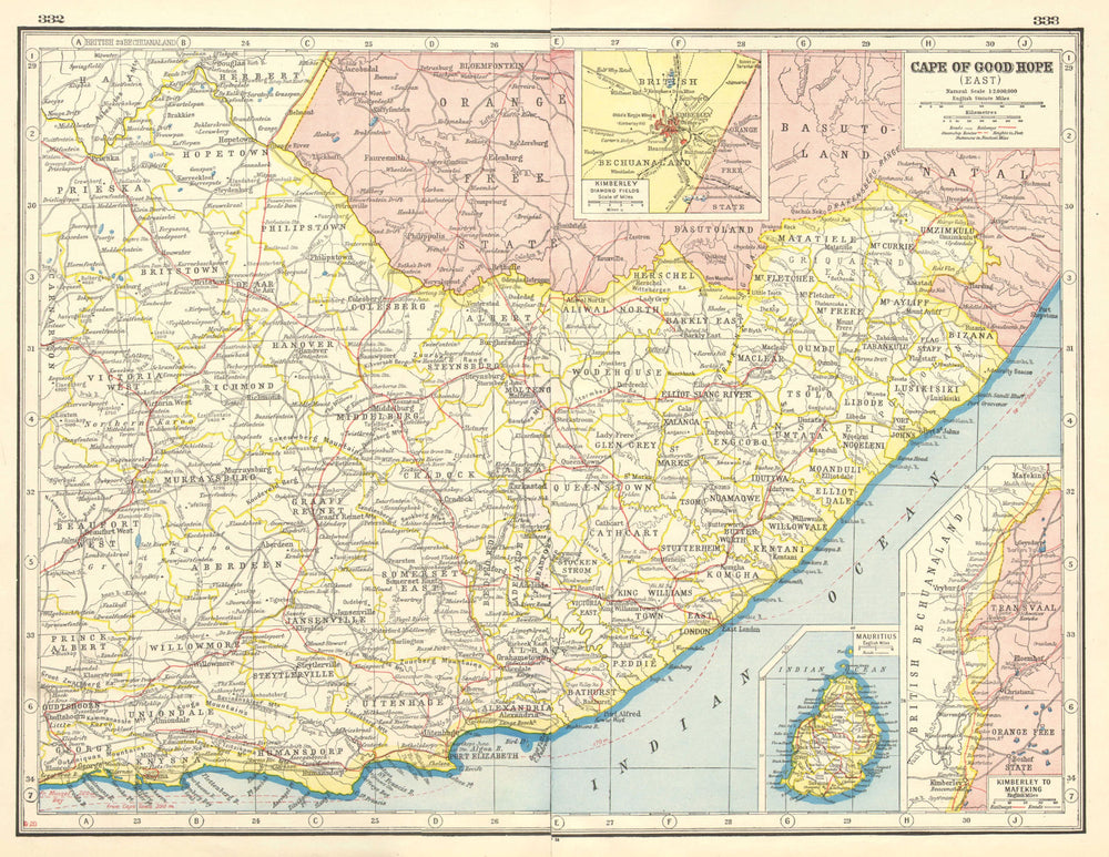 EASTERN CAPE. Inset Kimberley Diamond fields. Mauritius. South Africa 1920 map