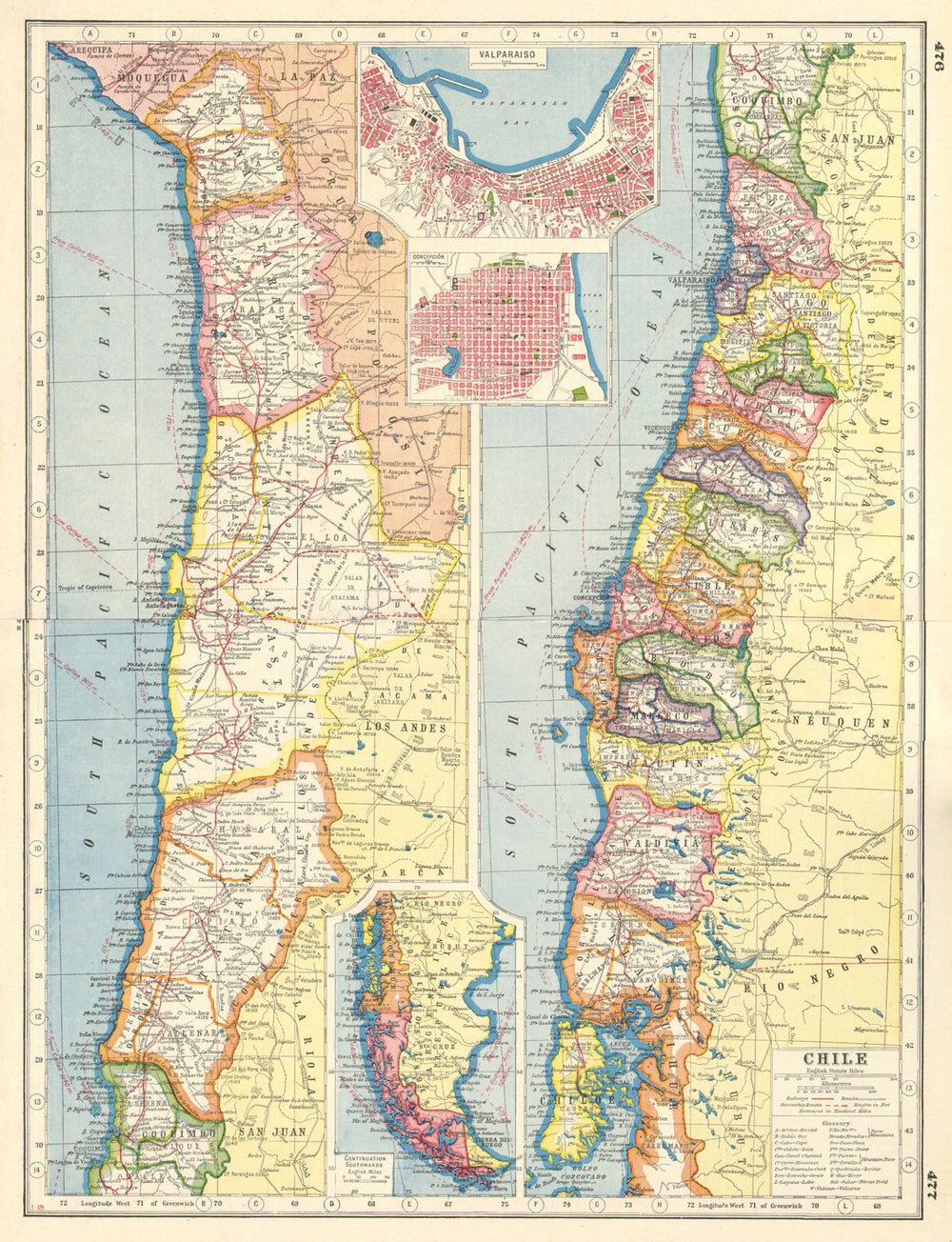 CHILE. Regions provinces steamship routes. Valparaiso Concepcion plans 1920 map