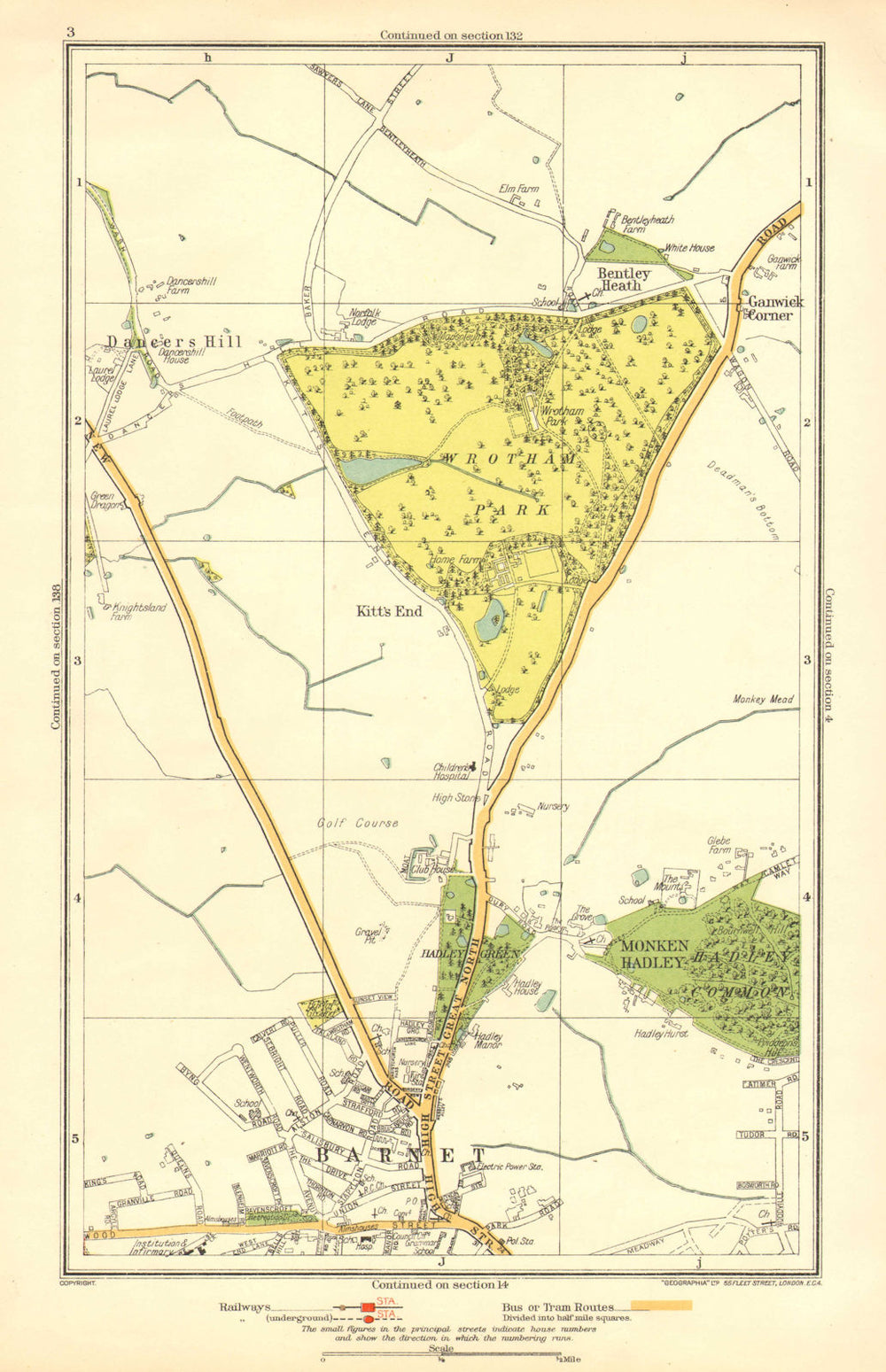 BARNET. Monken Hadley Wrotham Park Kitts End Dancer's Hill Ganwick Cnr 1933 map