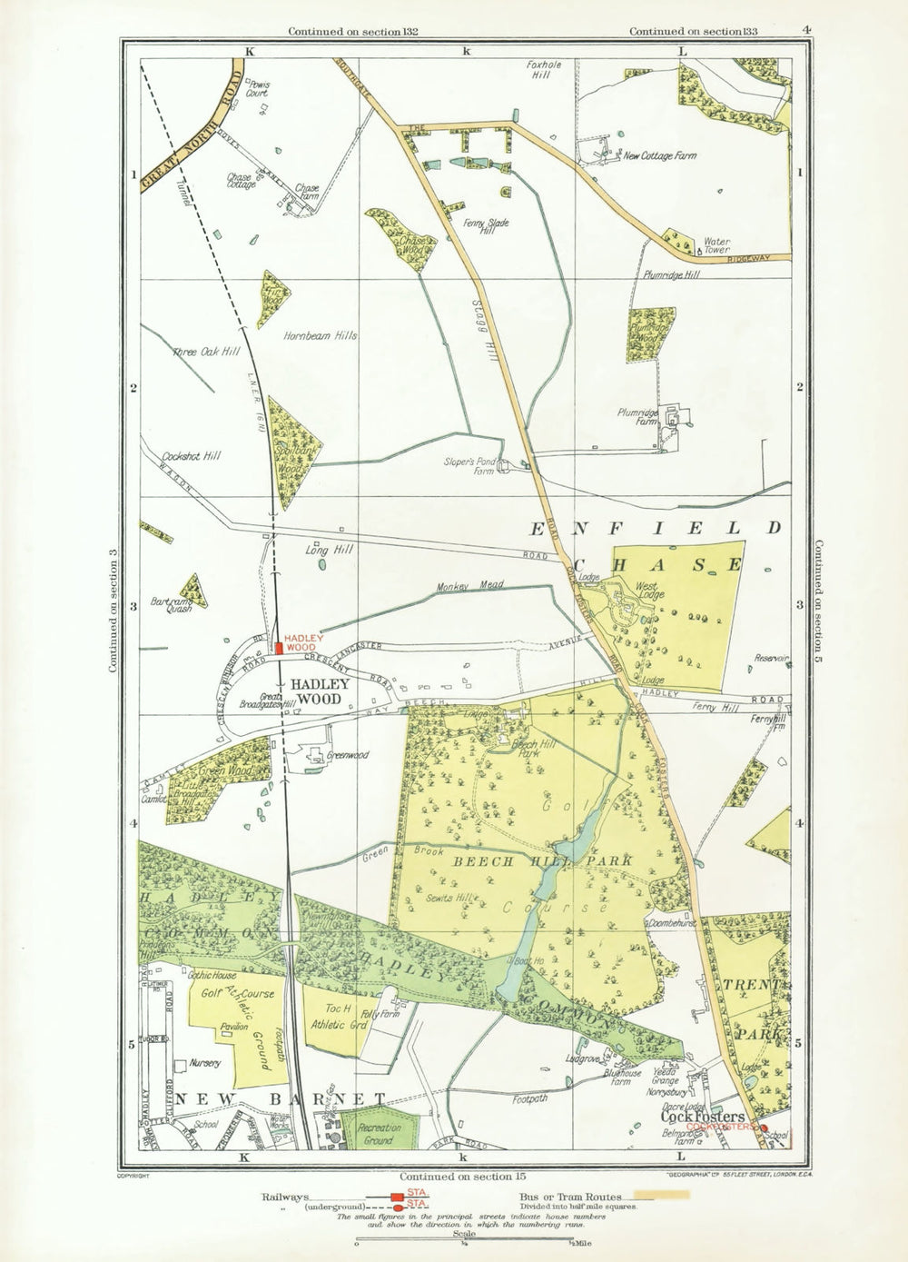 ENFIELD CHASE. Cockfosters Hadley Wood New Barnet Beech Hill Park 1933 old map
