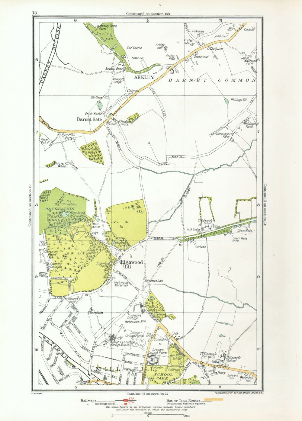 LONDON. Arkley Barnet Gate Highwood Hill Mill Hill 1933 old vintage map chart