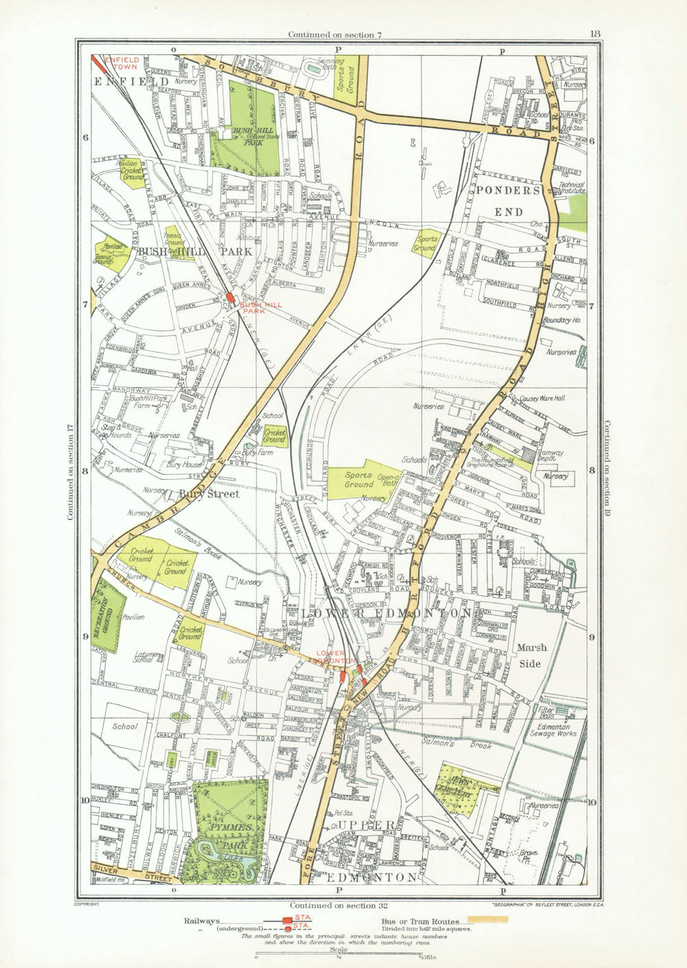 EDMONTON. Bush Hill Park Ponders End Enfield Town Bury Street 1933 old map