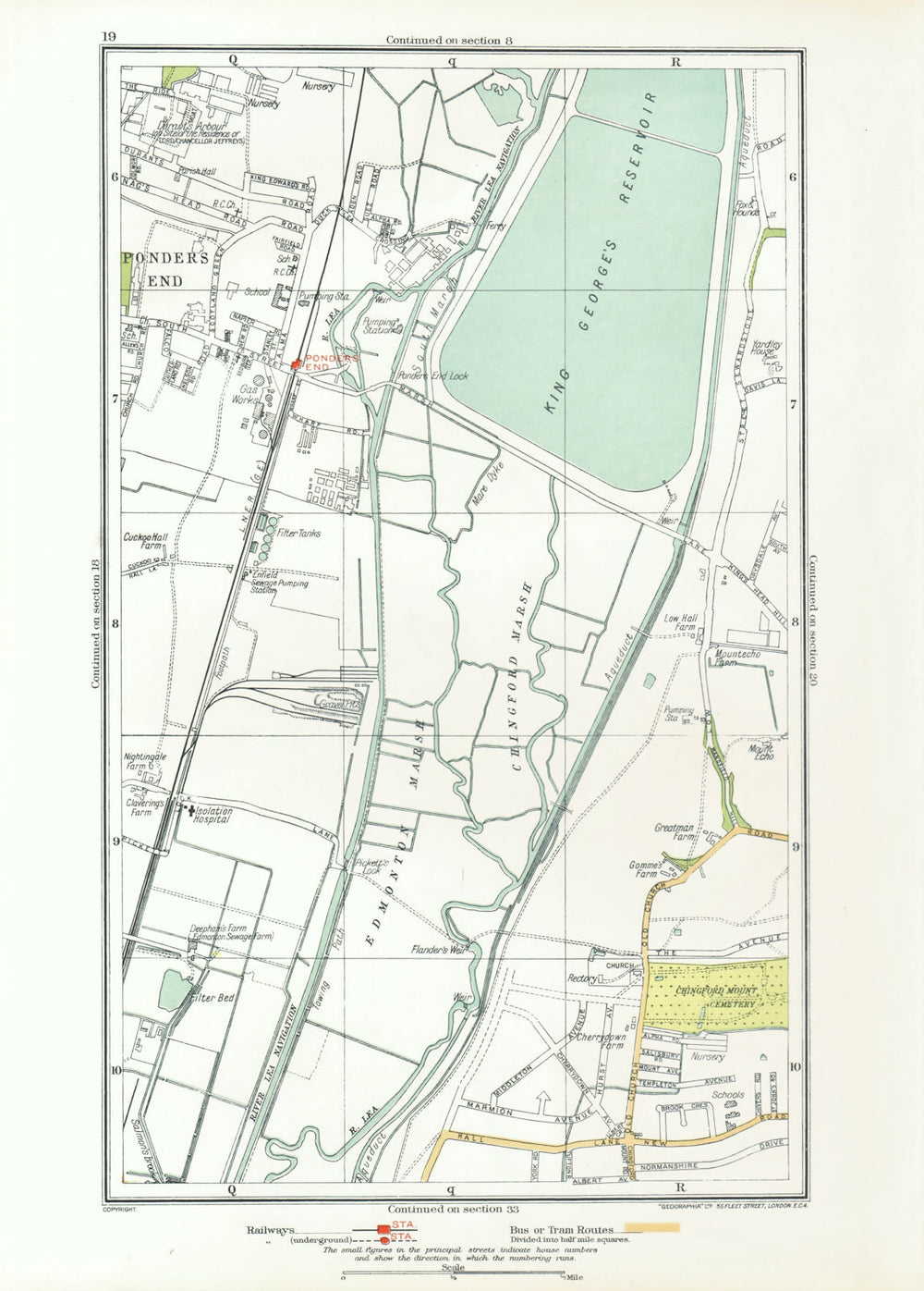LONDON. Ponders End Chingford Marsh Edmonton Marsh 1933 old vintage map chart